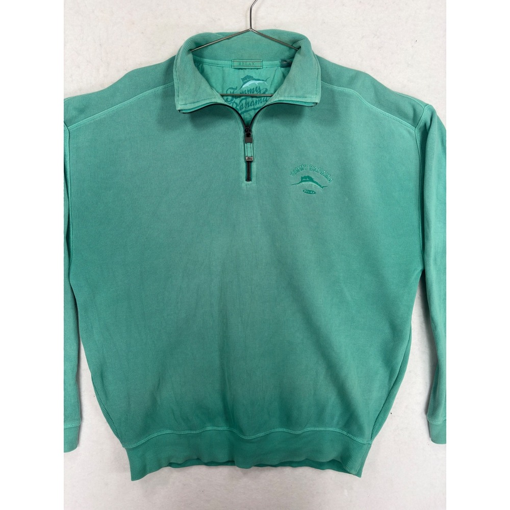 Tommy Bahama Relax Mens Quarter Zip Pullover Sweater Teal Green Ribbed Cotton M